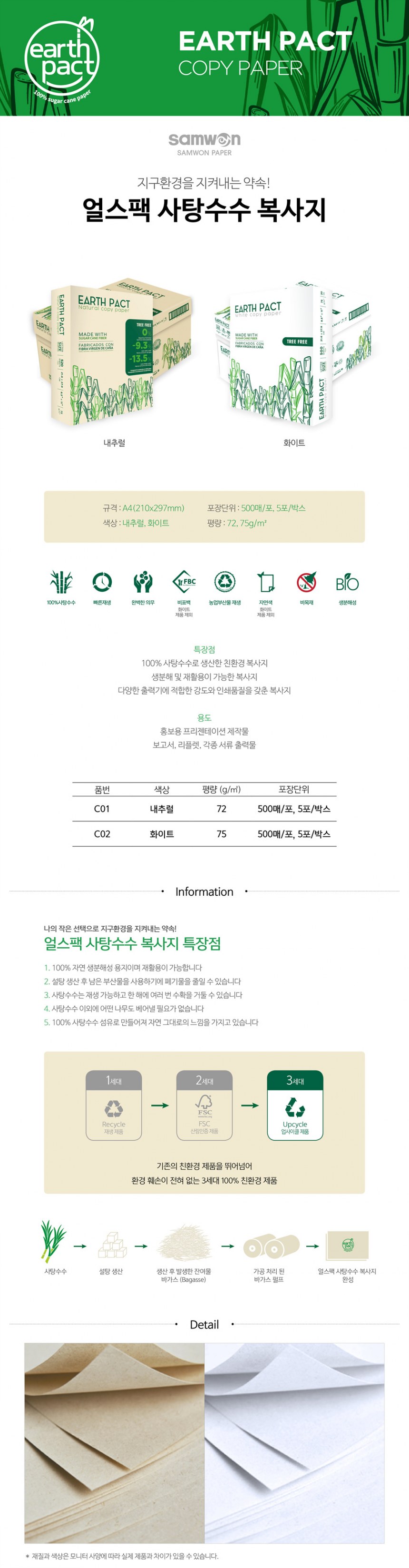 얼스팩 사탕수수 복사용지A4(75g/화이트/500매X5권/박스)