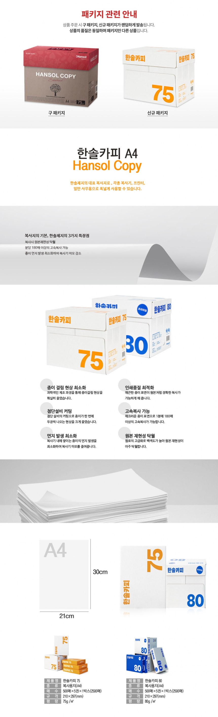 복사용지A4(75g/한솔/500매X5권/박스)
