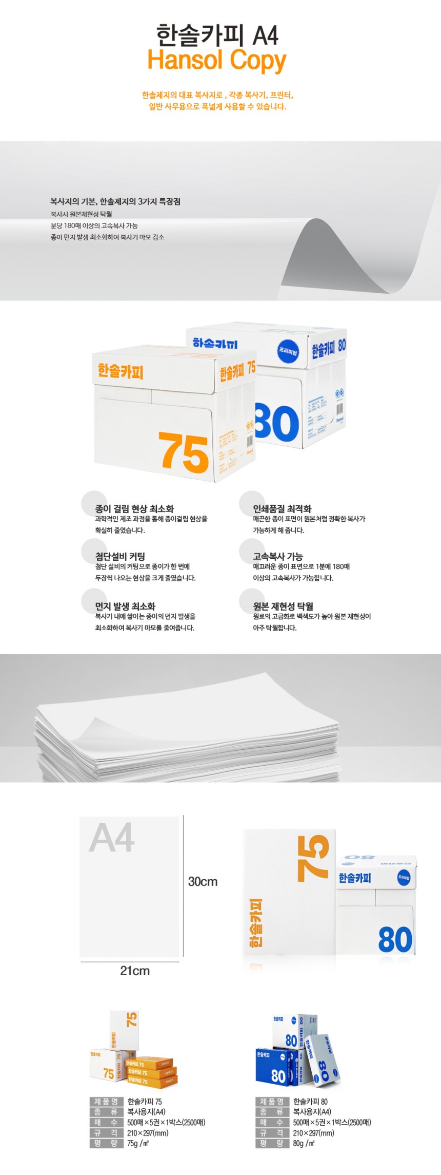 복사용지A4(80g/한솔/500매X5권/박스)