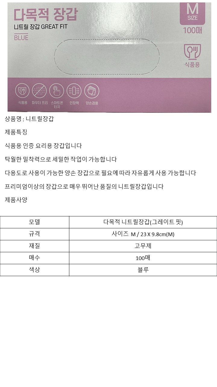 니트릴장갑(M/다목적니트릴장갑/그레이트핏/블루/5.4g/100매/APEX) DYM-SG2C