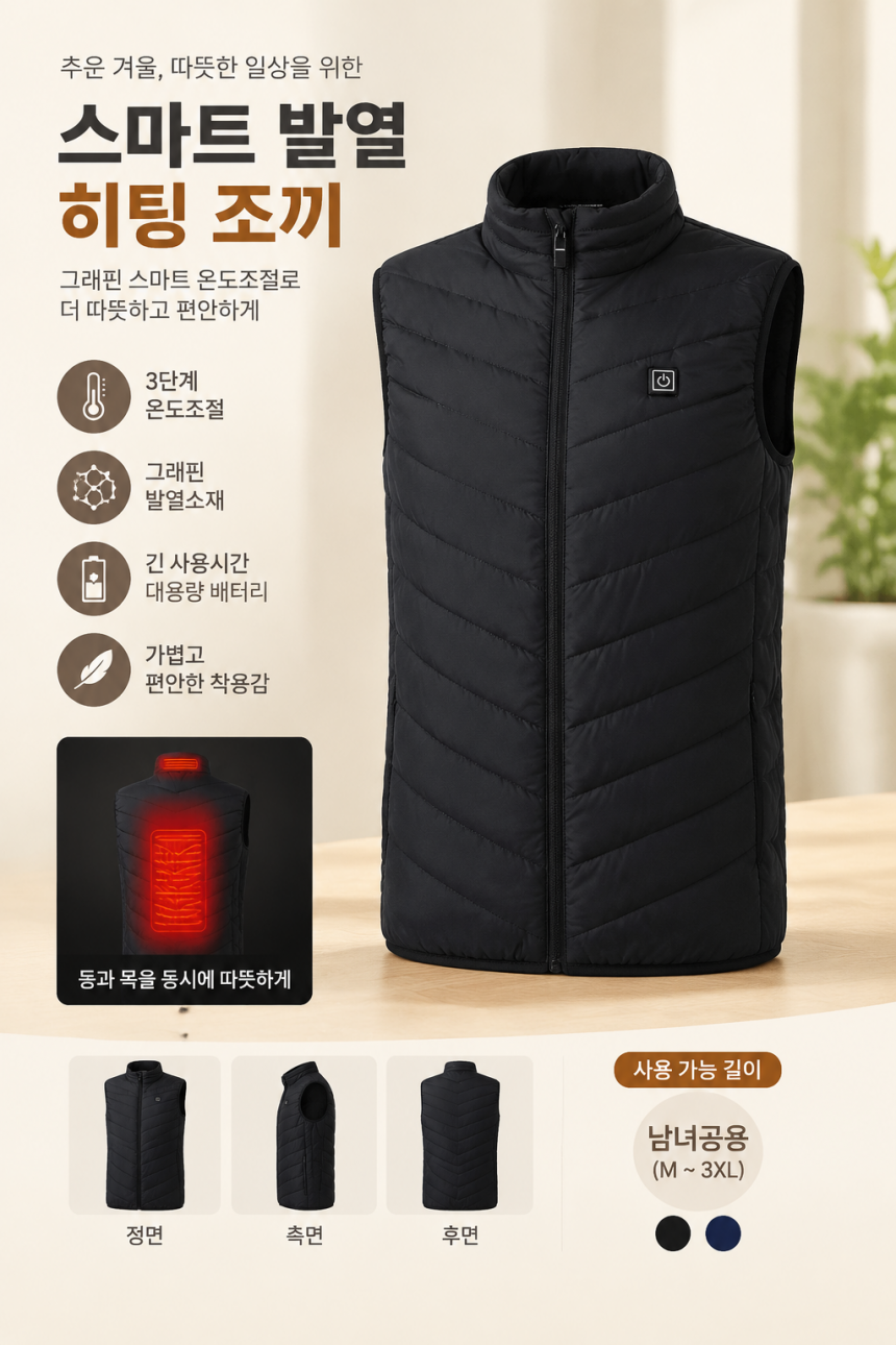 그래핀 스마트 온도조절 발열조끼 남녀공용 겨울 전기 온열 패딩 베스트