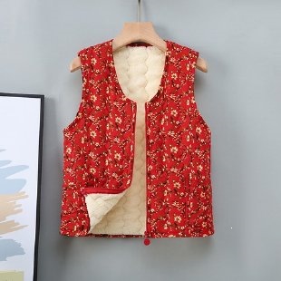 김장조끼 할머니 조끼 플리스 안감이 있는 두꺼운 꽃무늬 코튼 재킷 조끼 가을겨울 면
