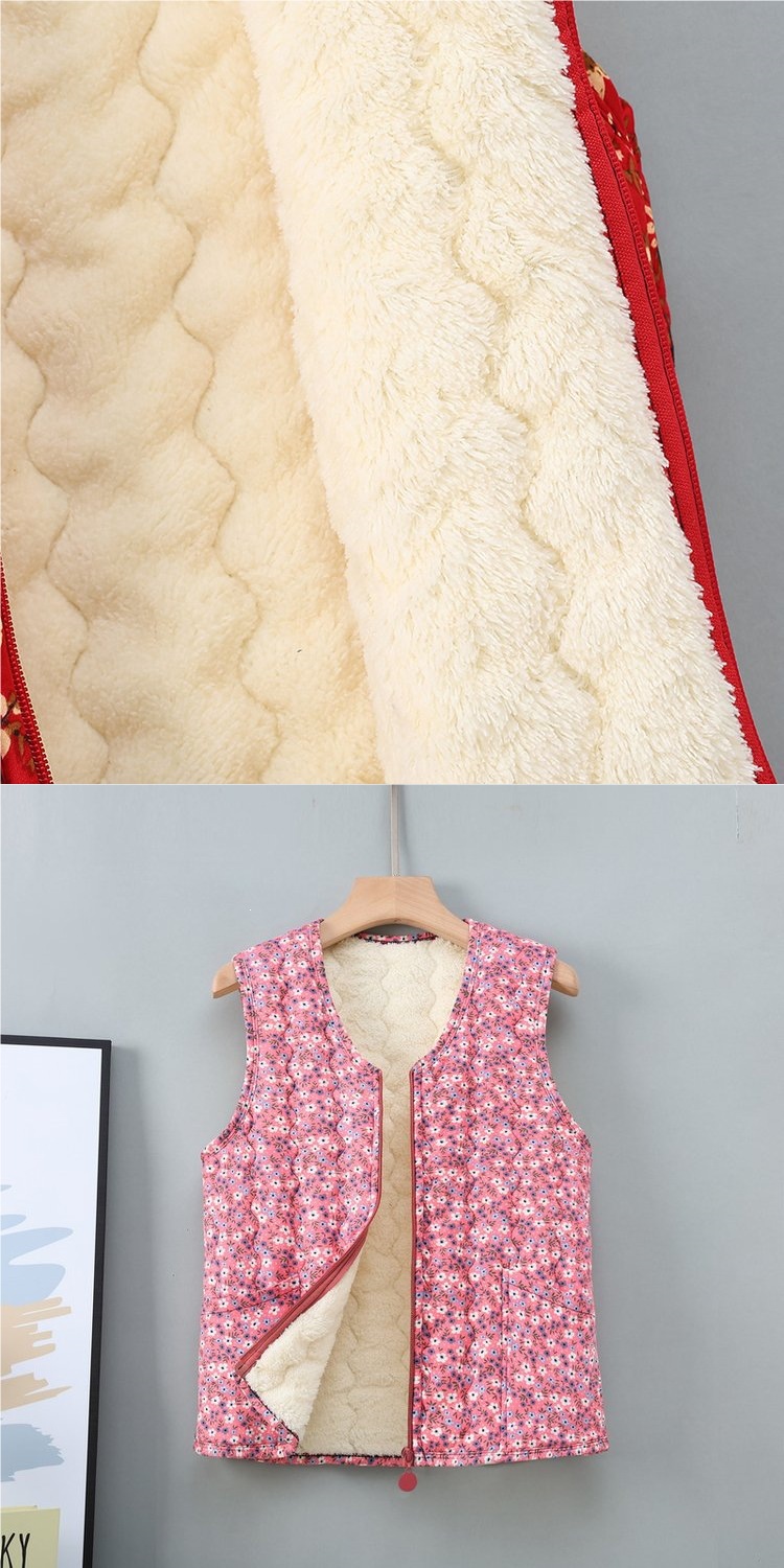 김장조끼 할머니 조끼 플리스 안감이 있는 두꺼운 꽃무늬 코튼 재킷 조끼 가을겨울 면
