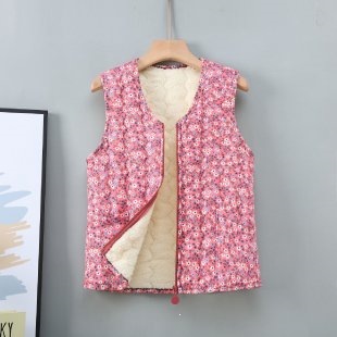 김장조끼 할머니 조끼 플리스 안감이 있는 두꺼운 꽃무늬 코튼 재킷 조끼 가을겨울 면