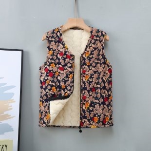 김장조끼 할머니 조끼 플리스 안감이 있는 두꺼운 꽃무늬 코튼 재킷 조끼 가을겨울 면