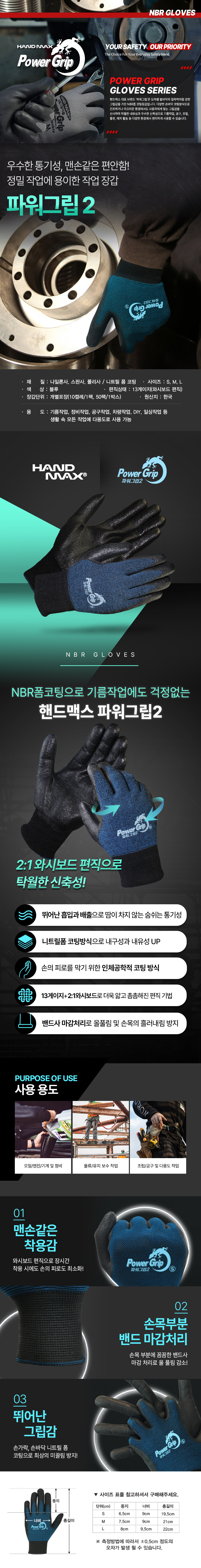 핸드맥스 파워그립2(개별) NO.705 -와시보드편직의 니트릴장갑 (10개입)