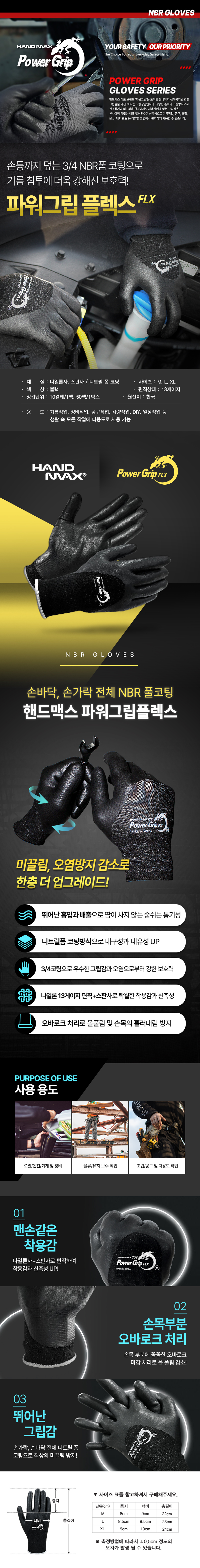 핸드맥스 파워그립플렉스 NO.706 (3/4 풀 NBR코팅장갑) (10개입)