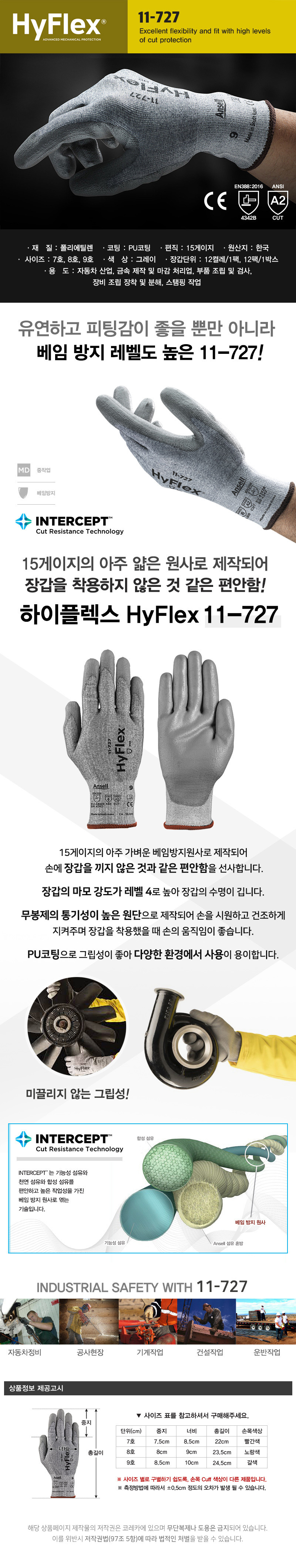 안셀 하이플렉스 11-727 컷3 베임방지장갑,15게이지 폴리에틸렌사+PU코팅