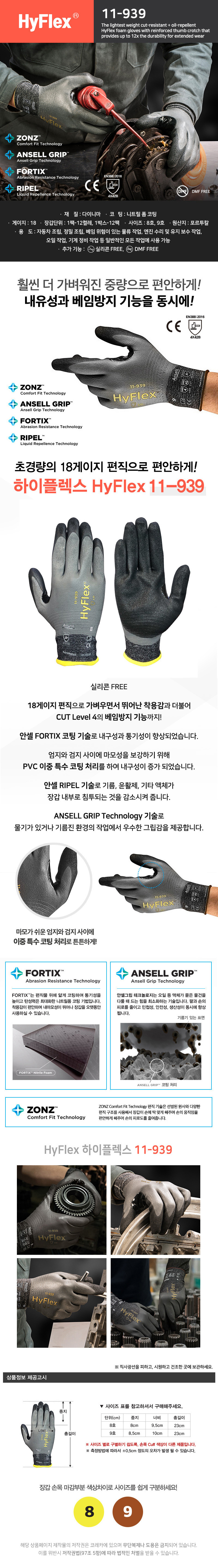안셀 하이플렉스 11-939 컷4 베임방지장갑,18게이지,다이니마 재질, 니트릴 코팅