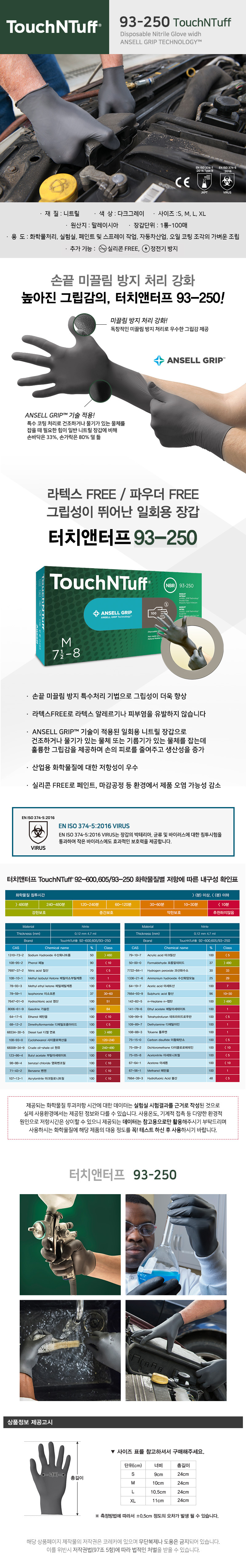 안셀터치앤터프 93-250() -니트릴재질7.0g손끝 미끌림방지처리 S사이즈 추가!
