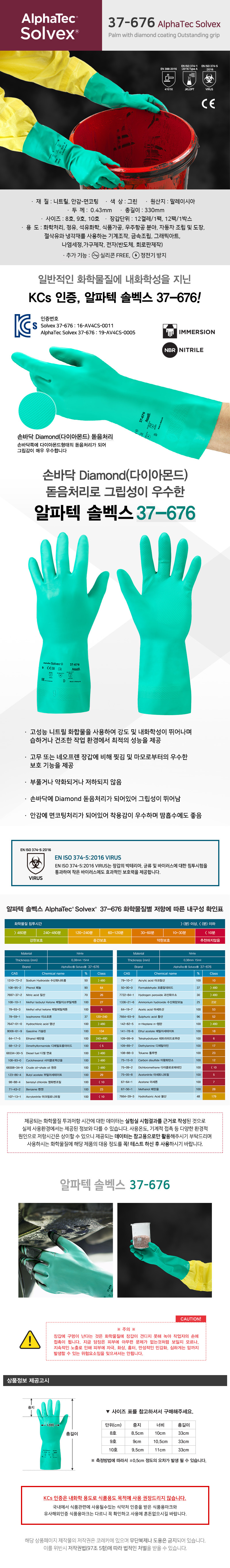 안셀알파텍솔벡스 37-676(솔벡스Ⅱ에서 제품명 변경)-니트릴재질의 내화학장갑( 12개입)