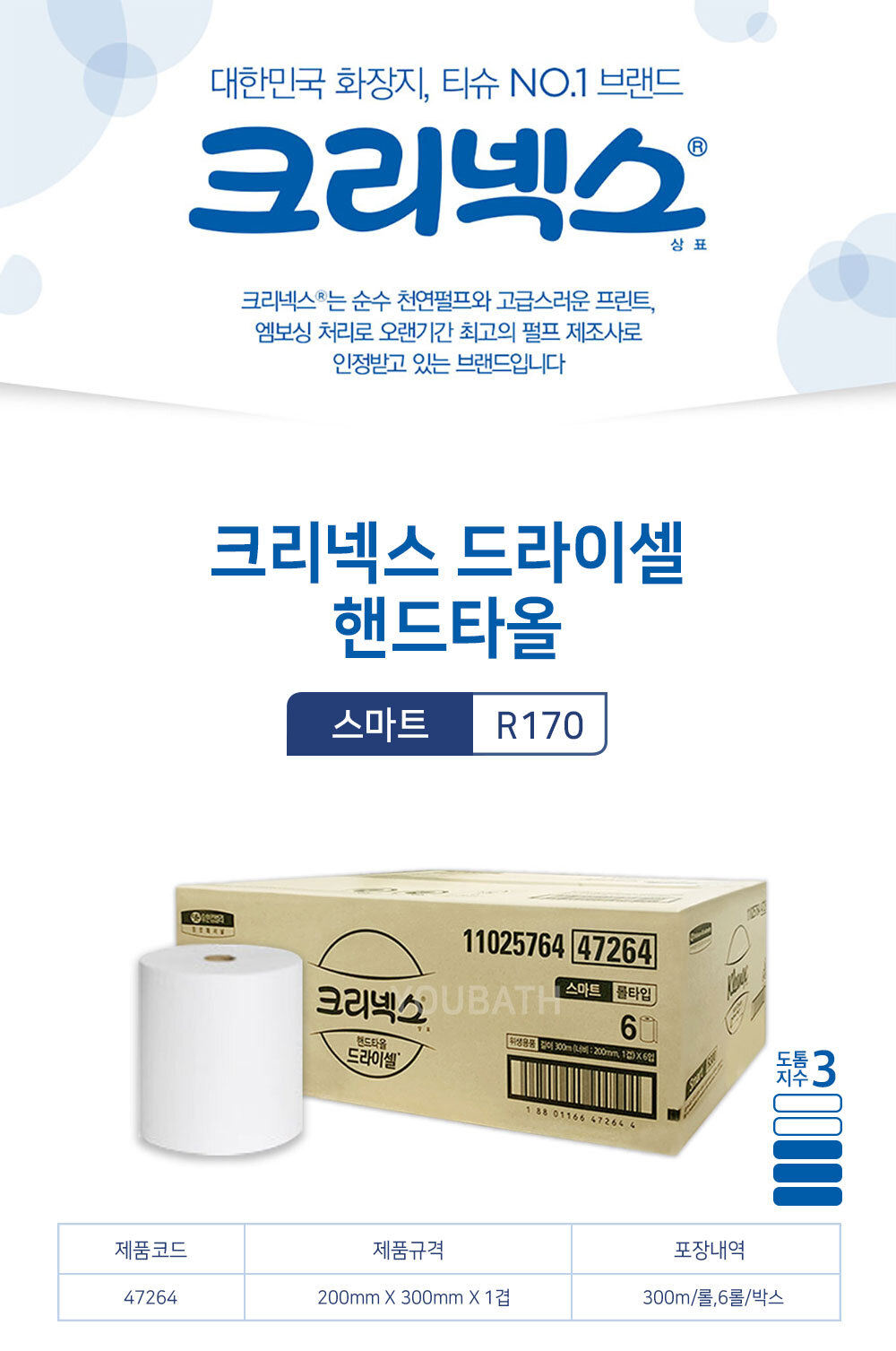 크리넥스 롤 핸드타월 페이퍼타월 300m 6롤 47264(장갑증정)