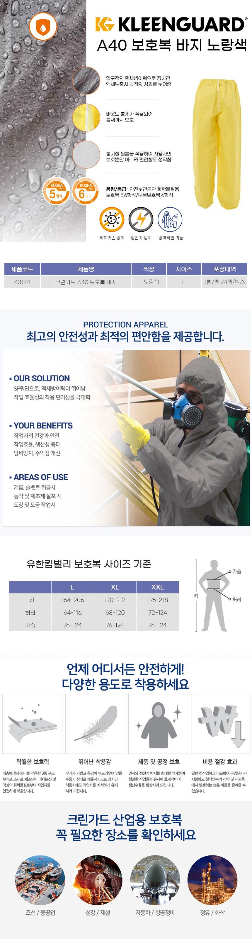 크린가드 A40 보호복바지 방역복 노란색 대형 1벌