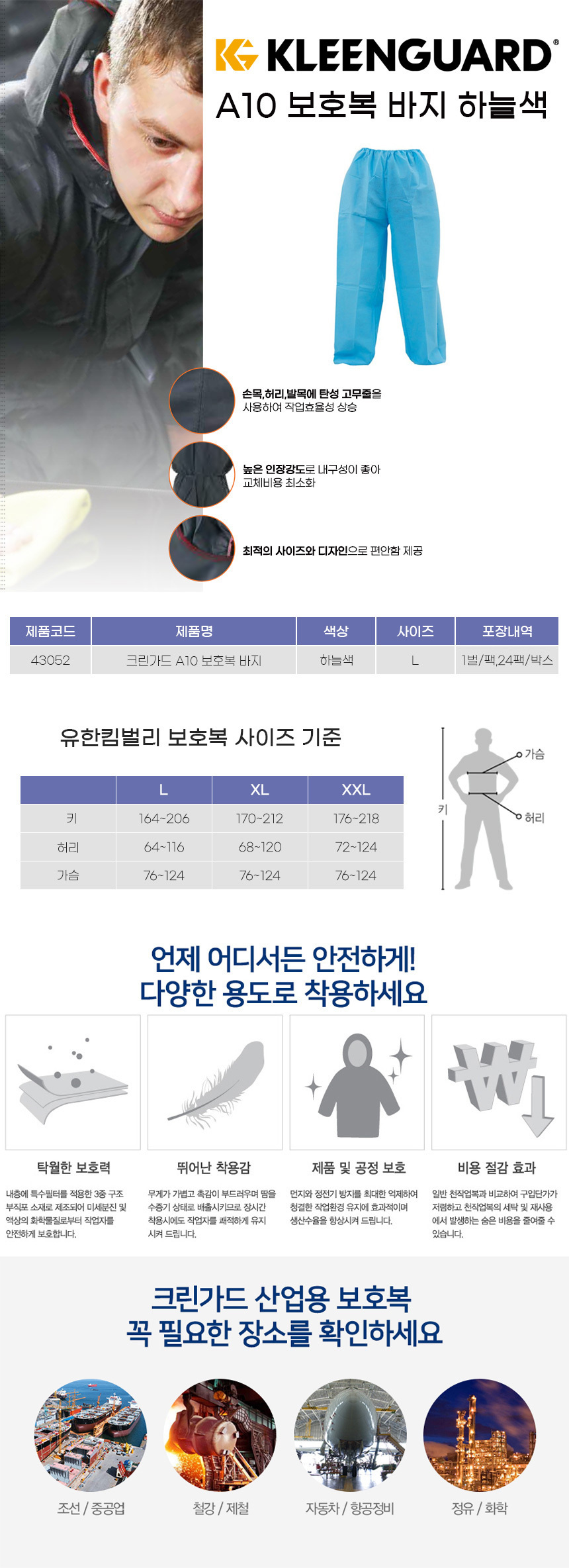 크린가드 A10 보호복바지 작업복 하늘색 대형 1벌