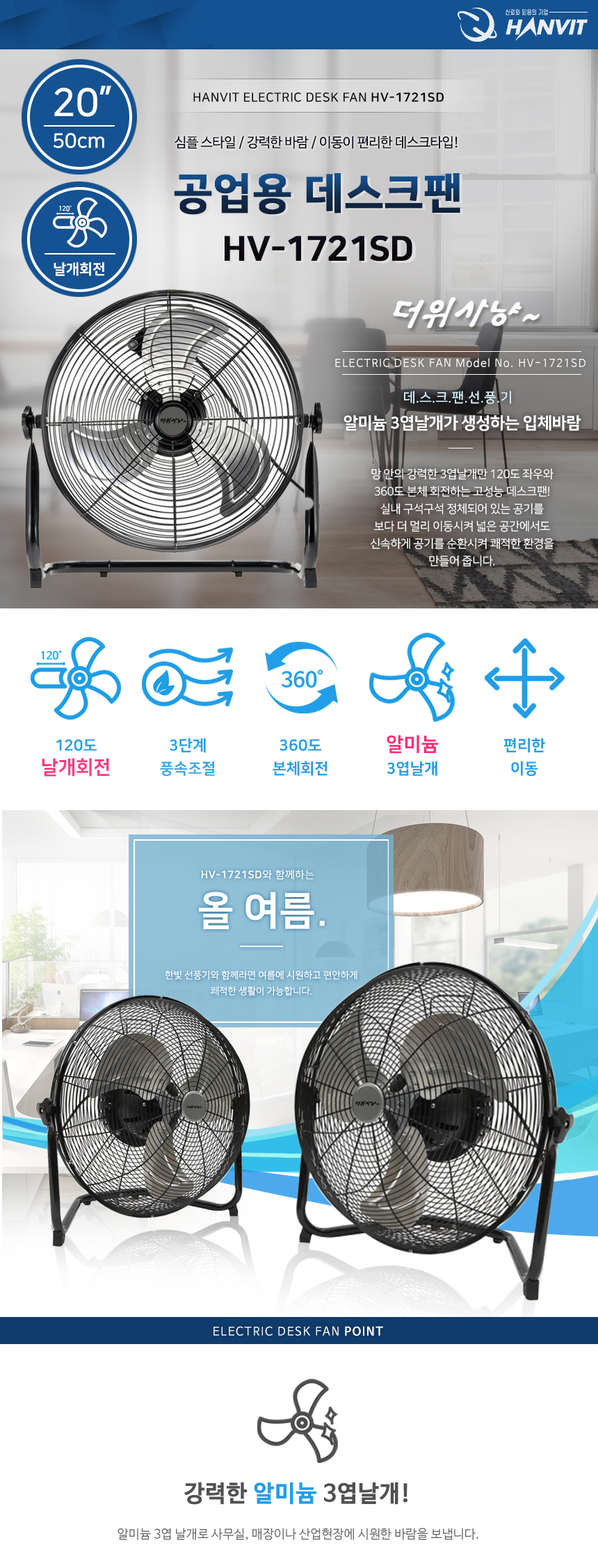 공업용 회전 데스크팬HV-1721SD(블랙)날개회전